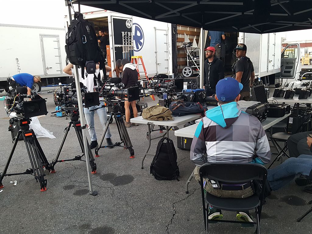 Film director working on set with crew